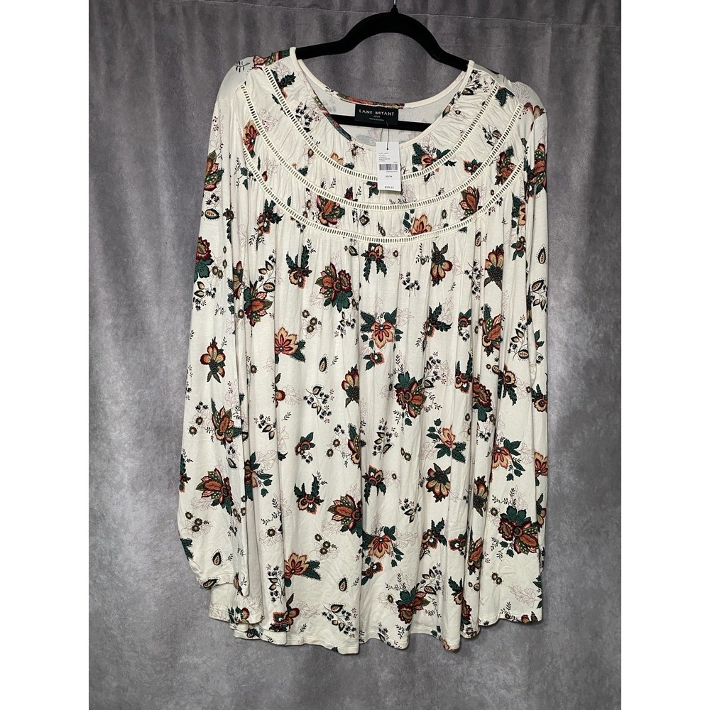 Lane Bryant Top Size 22/24 Floral Swing Crew Neck Trim Cream Multi Bohemian NEW
